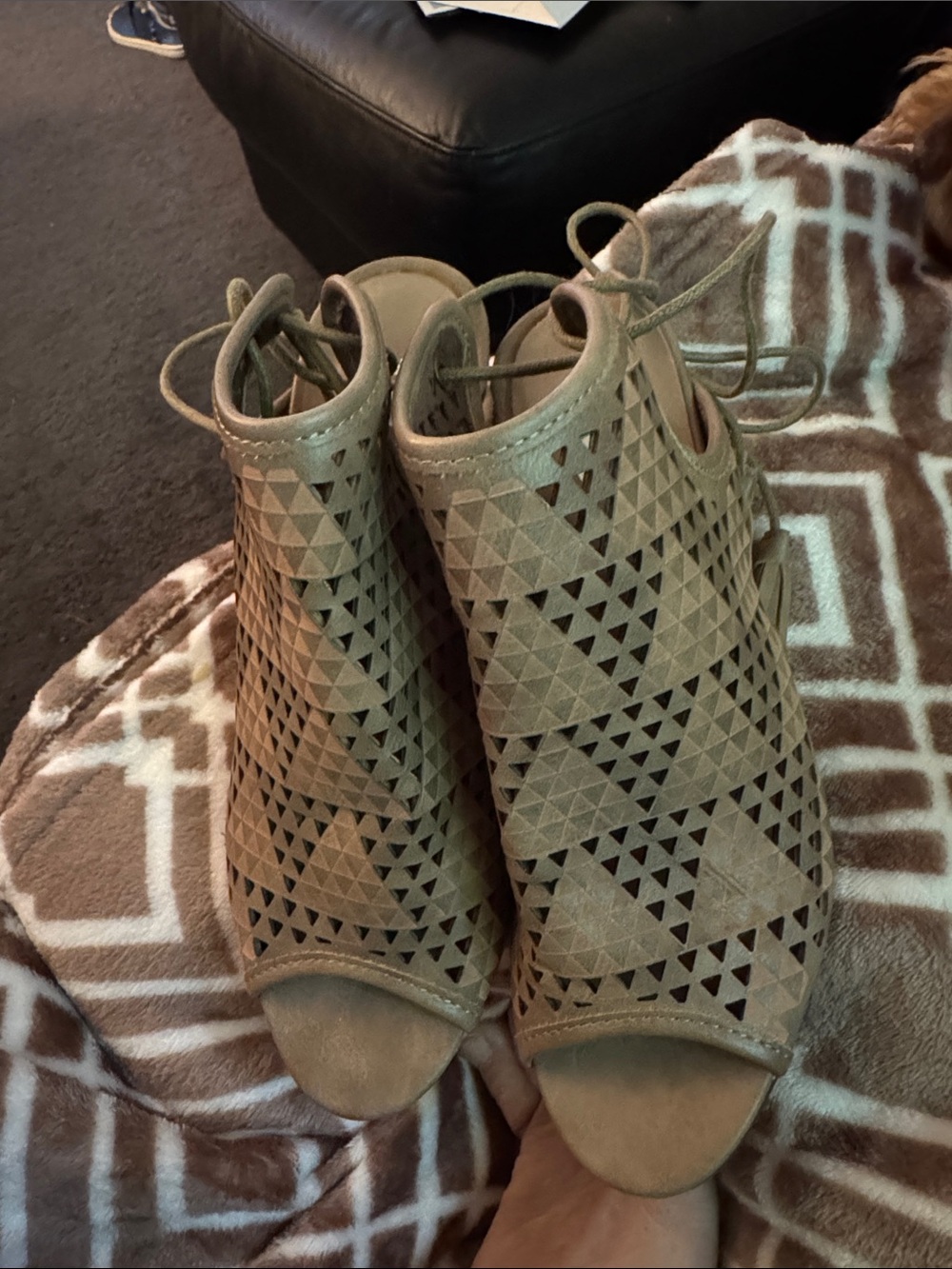 JG Women's Suede-Look Laser Cut Peep Toe Wedges in Taupe